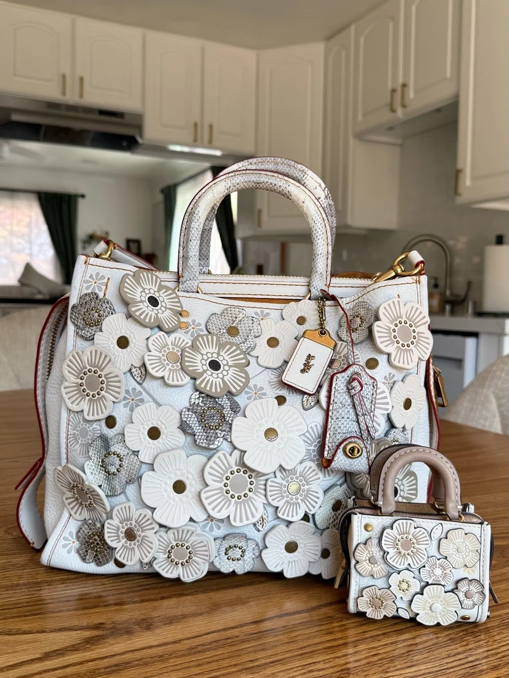 Coach 1941 Rogue 30 Tea Rose Snakeskin Handbag Chalk White with Mini Bag Charm